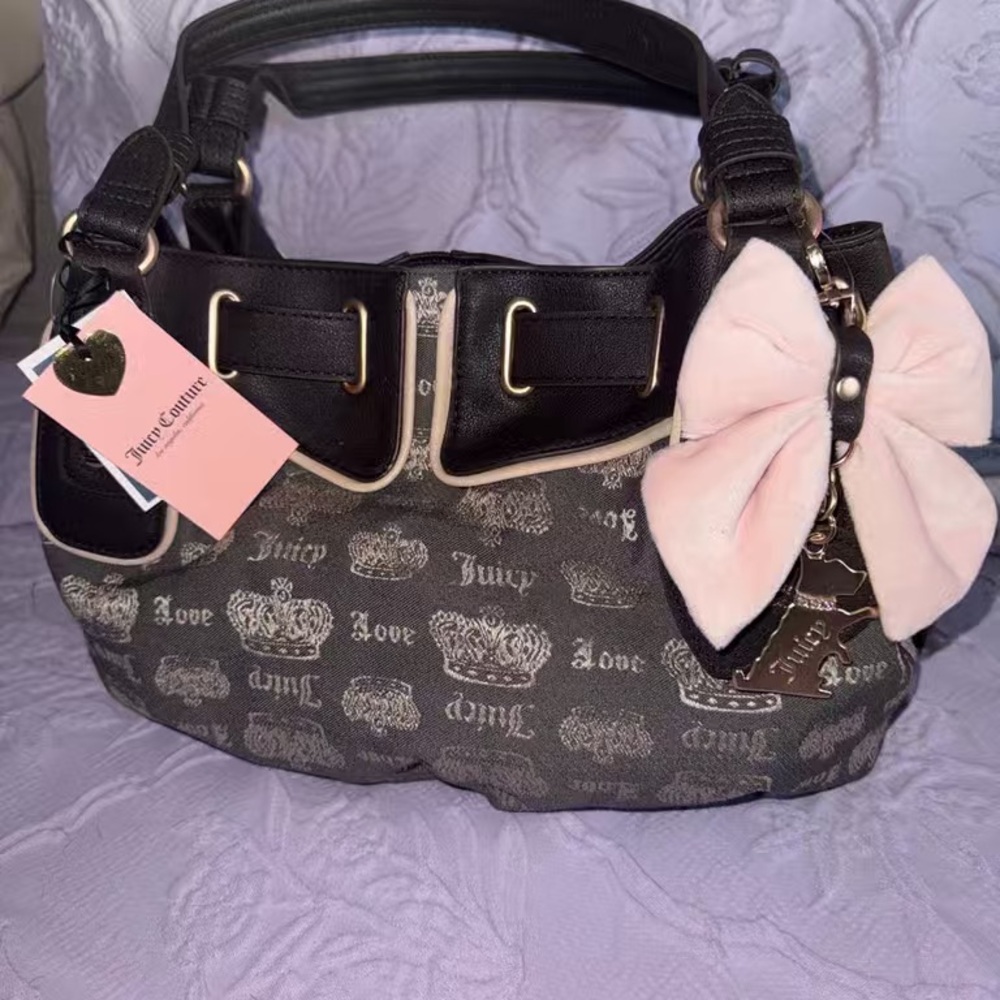Juicy Couture Black and Cream Shoulder Bag with Pink Bow